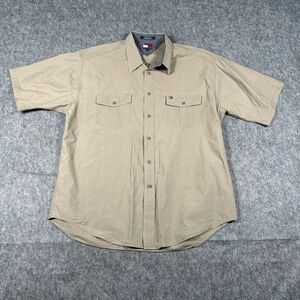Tommy Hilfiger Men's Button Up Shirt XL Brown 100% Cotton Double Pockets